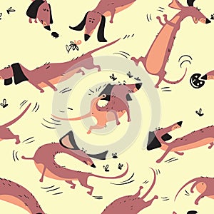 Funny dachshunds playing with insects seamless pattern.