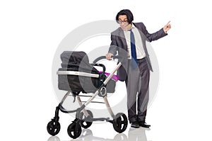 The funny dad with baby and pram on white