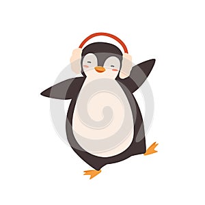 Funny dancing cartoon penguin in earmuffs vector flat illustration. Adorable happy polar animal moving in warm accessory