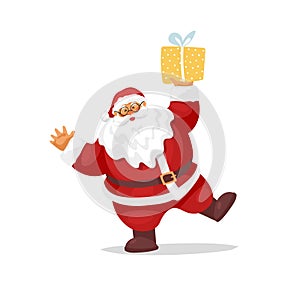 Funny dancing Santa Claus holding a gift. Flat cartoon character, Saint Nicholas. Merry Christmas and Happy New Year