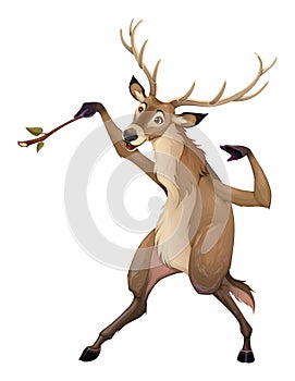 Funny deer is playing with a branch like a conductor