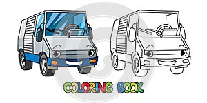 Funny delivery car with eyes. Coloring book