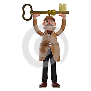 Funny Detective Cartoon 3D Illustration rising a key