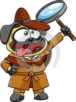 Funny Detective Pug Dog Cartoon Character Holding Up A Large Magnifying Glass