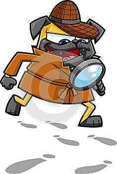 Funny Detective Pug Dog Cartoon Character With Magnifying Glass Following A Clues