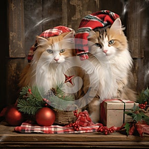 Funny Digital Art Photograph of two cats with winter hats