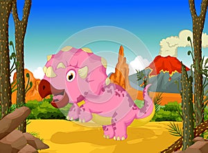 Funny dinosaur cartoon in the jungle landscape background