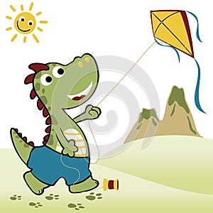 Dino play kite, vector cartoon illustration