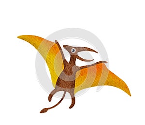 Funny dinosaur cartoon pterodactyl. Naive dino. Watercolor jurassic pterosaur