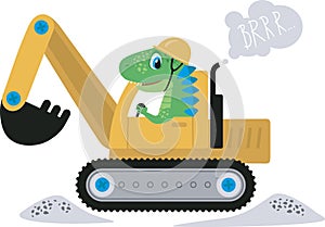 Funny dinosaur driving excavator. Digging Dino character