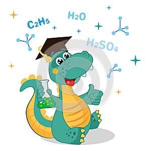 Funny Dinosaur Experimenting With Chemicals And Formula On A White Background. Cartoon School Vector Illustrations.