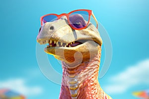 Funny dinosaur with glasses on blue sky background. 3d illustration