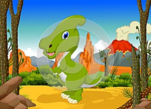 Funny Dinosaur Parasaurolophus cartoon with forest landscape background
