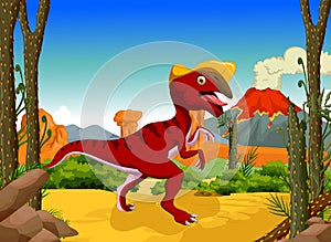 Funny dinosaur Parasaurolophus cartoon with forest landscape background