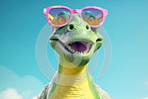 Funny dinosaur with sunglasses on blue sky background. 3d illustration