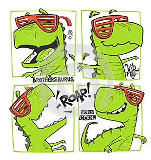 Funny dinosaurs comic style vector illustration. T-shirt design for kids