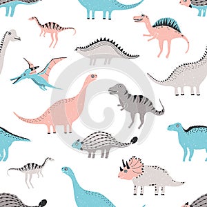 Funny dinosaurs seamless pattern. Cute childish dino background. Colorful hand drawn texture.