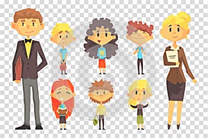 Funny disciples of elementary school and their teachers. Boys and girls with books and backpacks. Flat vector set