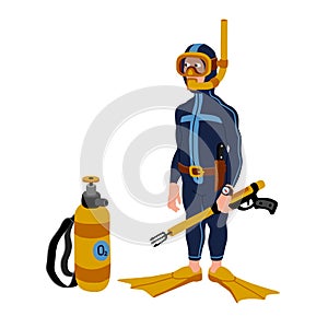 A funny diver-saboteur or hunter in a diving suit with a speargun and an oxygen cylinder.