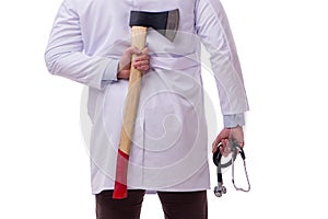 The funny doctor with axe isolated on white