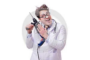 The funny doctor with drill isolated on white