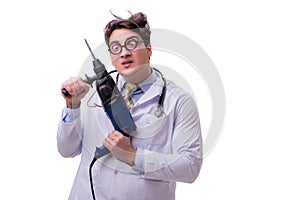 The funny doctor with drill isolated on white