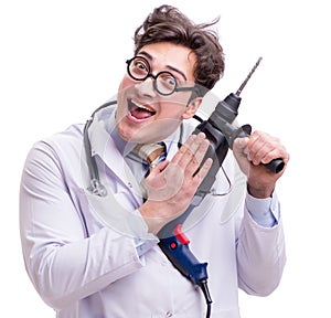 Funny doctor with drill isolated on white