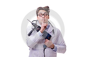 The funny doctor with drill isolated on white