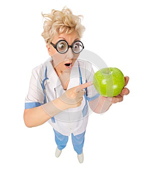 Funny doctor with green apple
