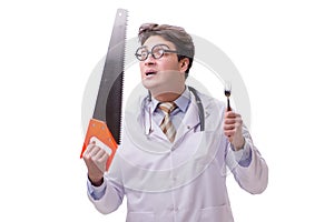 The funny doctor with saw isolated on white