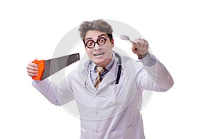 The funny doctor with saw isolated on white