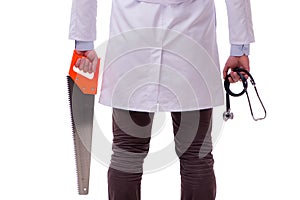 The funny doctor with saw isolated on white