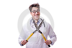 The funny doctor with shears isolated on white