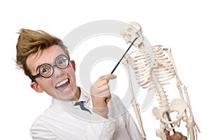 The funny doctor with skeleton isolated on white