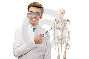 The funny doctor with skeleton isolated on white