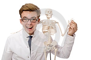 Funny doctor with skeleton isolated on white