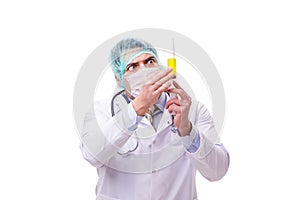 The funny doctor with syringe isolated on white