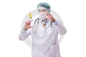 The funny doctor with syringe isolated on white