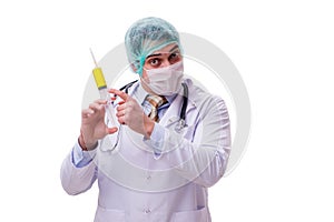 The funny doctor with syringe isolated on white