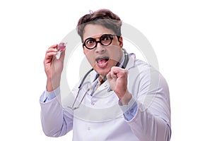 The funny doctor with syringe isolated on white