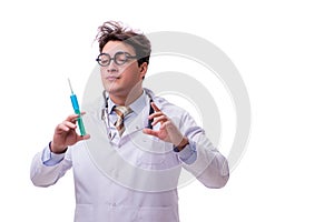 The funny doctor with syringe isolated on white