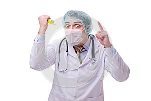 The funny doctor with syringe isolated on white