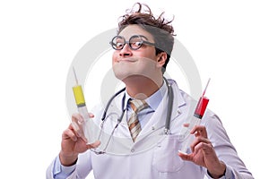 The funny doctor with syringe isolated on white