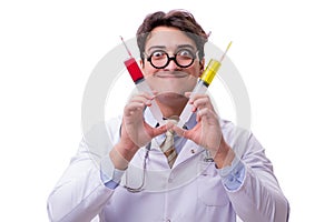 The funny doctor with syringe isolated on white