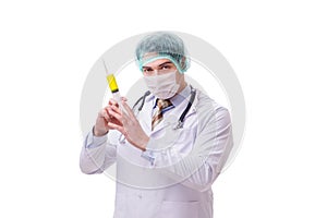 The funny doctor with syringe isolated on white