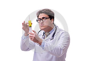 The funny doctor with syringe isolated on white