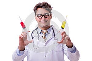 The funny doctor with syringe isolated on white