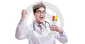 Funny doctor with syringe isolated on white