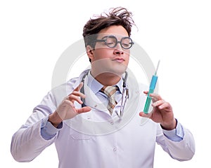 Funny doctor with syringe isolated on white