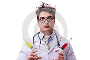 The funny doctor with syringe isolated on white